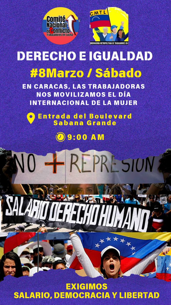 Este #Sab8 a reivindicar el día por la lucha de las mujeres trabajadoras contra la explotación y por la igualdad, porque  la emancipación de la mujer es la emancipación de la humanidad.
#9AM 
📍Entrada Boulevard Sabana Grande