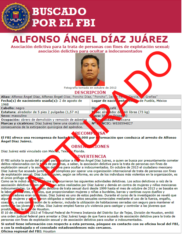 miFBIHouston's tweet image. CAPTURADO: Alfonso Diaz-Juarez ya está en custodia del FBI. Fue extraditado de México a Houston esta mañana para enfrentar justicia. Era fugitivo desde 2013 por presuntamente operar una organización internacional de trata de personas y explotación sexual: fbi.gov/wanted/human-t…