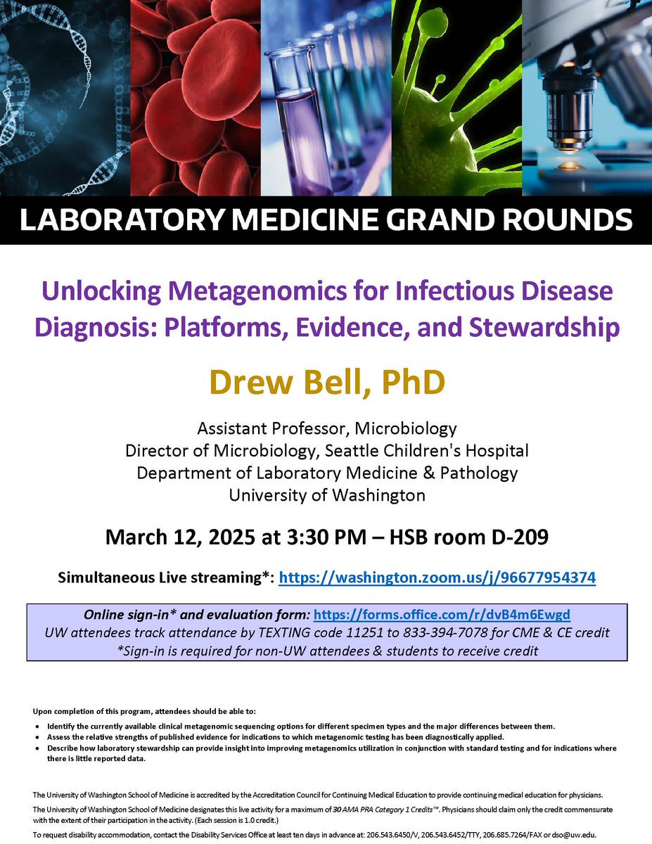 Join us for #laboratorymedicine #grandrounds "Unlocking Metagenomics for Infectious Disease Diagnosis: Platforms, Evidence, and Stewardship" on Wed, March 12th at 3:30pm PT  Learn more: dlmp.uw.edu/events?trumbaE……………………… #MedEd #MedX