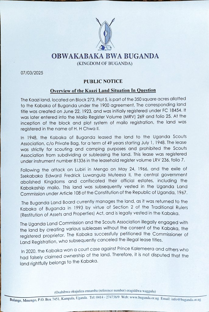 BugandaLawyers's tweet photo. OFFICIAL STATEMENT ON THE KAAZI LAND. TAKE HEED! https://t.co/ZxM28TciCX