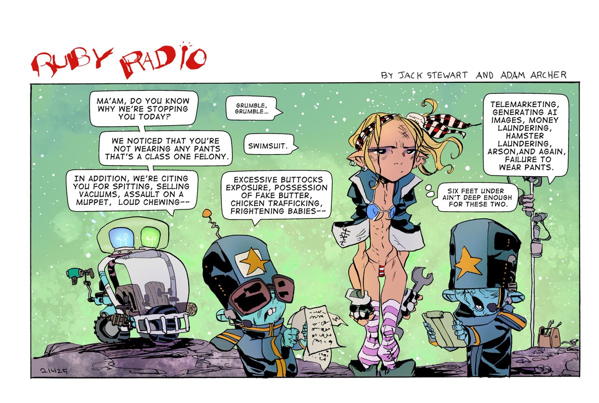 AdamArcherArt's tweet image. #rubyRadio comic strip two! because why not! 
got like 10 penciled and inked. coloring and lettering now. 
written by the savant of the pen @jack_stewart 

repost and help ruby reach an audience and maybe be a book someday ♥️🤘