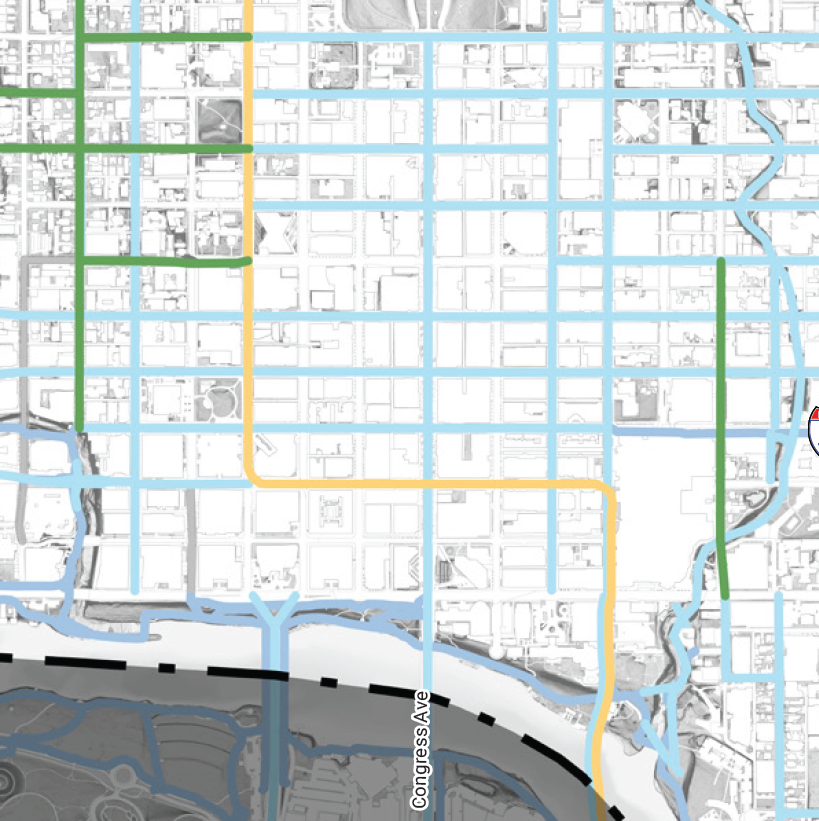 planforequity's tweet photo. Congress Ave will be a north-south workhorse for travel by bike and scooter in central Downtown, with no other fully protected bikeway available for blocks in either direction (blue/green). 

Let's make sure we get a fully protected bike lane in the CAUDI redesign! https://t.co/yXAbxkTtZu