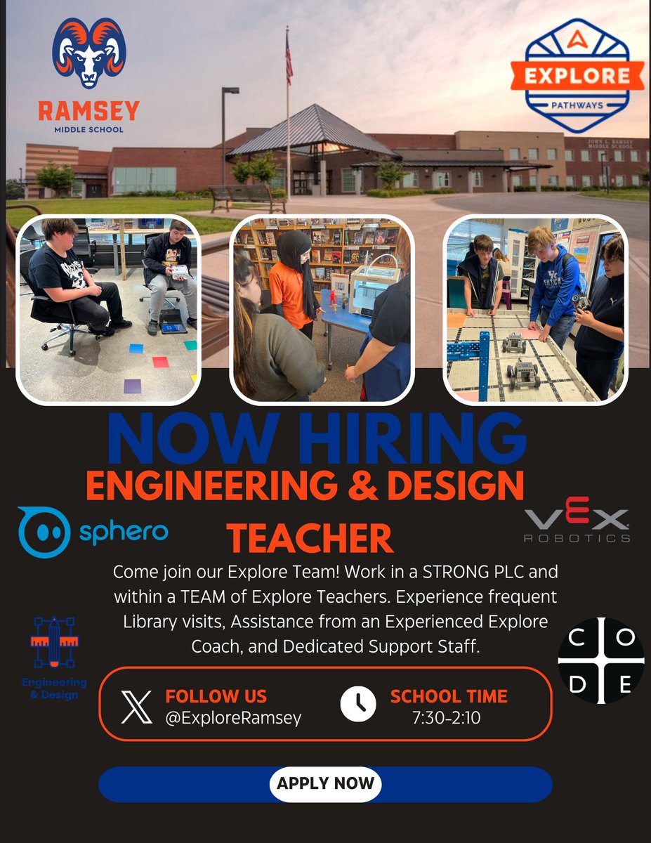 Explore Ramsey (@exploreramsey) on Twitter photo Robots! Coding! Innovation! Oh My!!! Want to teach kids how to change the world one CODE at a time? Are you considering a career change or exploring new opportunities in education? Join our established E & D Pathway & STRONG Explore Team. Apply today! <a href="/RamseyMS_JCPS/">Ramsey Middle School</a> Robots! Coding! Innovation! Oh My!!! Want to teach kids how to change the world one CODE at a time? Are you considering a career change or exploring new opportunities in education? Join our established E & D Pathway & STRONG Explore Team. Apply today! <a href="/RamseyMS_JCPS/">Ramsey Middle School</a>