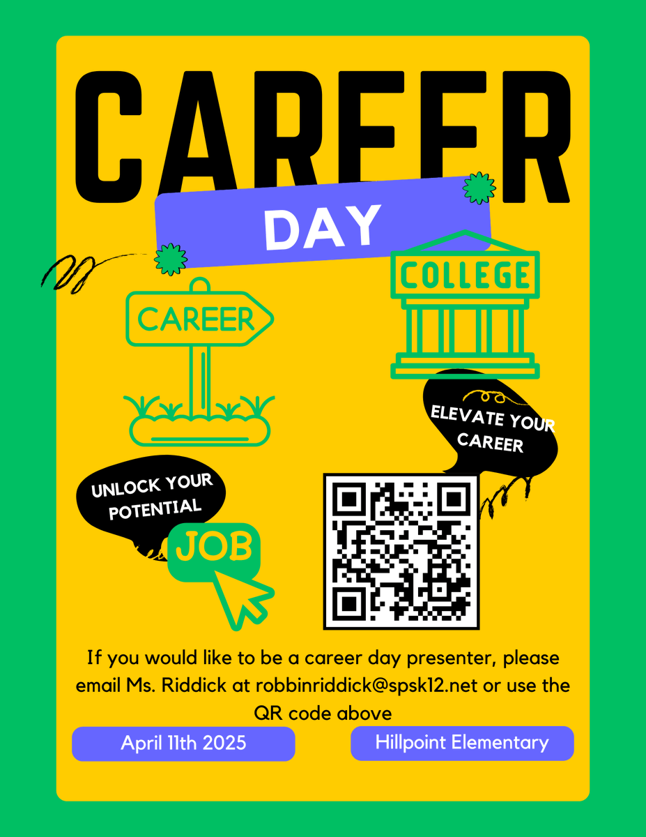 Hillpoint Elementary (@hillpointhusky) on Twitter photo We need parent & community volunteers to share their careers with our students. All volunteers must have an approved SPS volunteer application before participating.
Scan the QR code on the flyer or email Ms. Riddick at robbinriddick@spsk12.net for details.
#HESCareerDay2025 We need parent & community volunteers to share their careers with our students. All volunteers must have an approved SPS volunteer application before participating.
Scan the QR code on the flyer or email Ms. Riddick at robbinriddick@spsk12.net for details.
#HESCareerDay2025