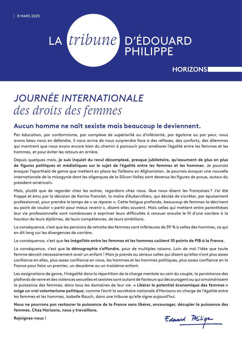 Horizons (@horizonsleparti) on Twitter photo Tribune d'<a href="/EPhilippe_LH/">Edouard Philippe</a> en ce #8Mars - Journée internationale des droits des femmes. Tribune d'<a href="/EPhilippe_LH/">Edouard Philippe</a> en ce #8Mars - Journée internationale des droits des femmes.