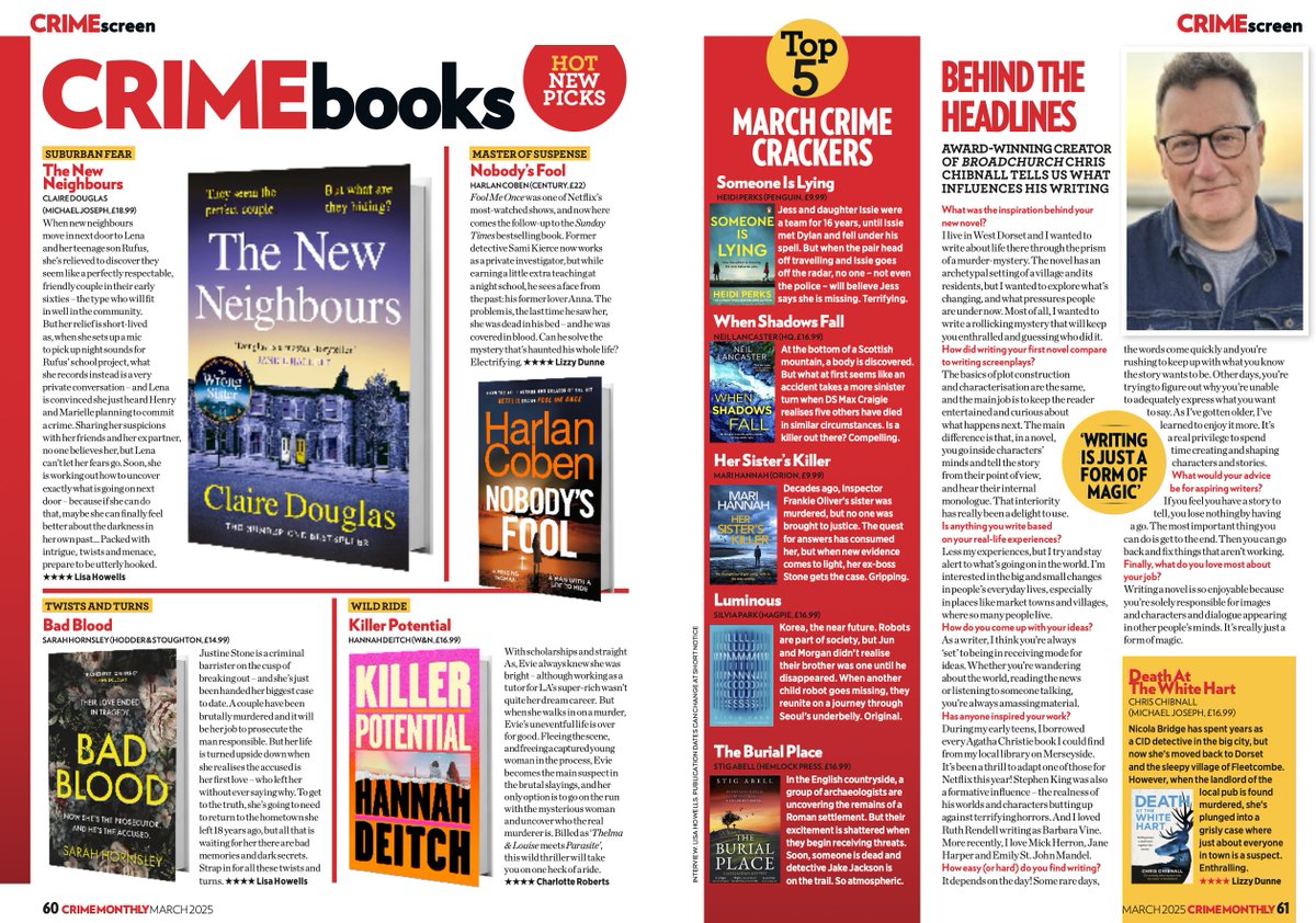 Crime Monthly (@crimemonthly) on Twitter photo Our March issue is PACKED with fab crime reads from <a href="/Dougieclaire/">Claire Douglas</a> <a href="/HarlanCoben/">Harlan Coben</a> <a href="/SarahHornsley/">Sarah Hornsley</a> Hannah Deitch <a href="/HeidiPerksBooks/">Heidi Perks</a> <a href="/neillancaster66/">Neil Lancaster</a> <a href="/mariwriter/">Mari Hannah</a> <a href="/silviajpark/">Silvia Park</a> <a href="/StigAbell/">Stig Abell</a> and a chat with Chris Chibnall Our March issue is PACKED with fab crime reads from <a href="/Dougieclaire/">Claire Douglas</a> <a href="/HarlanCoben/">Harlan Coben</a> <a href="/SarahHornsley/">Sarah Hornsley</a> Hannah Deitch <a href="/HeidiPerksBooks/">Heidi Perks</a> <a href="/neillancaster66/">Neil Lancaster</a> <a href="/mariwriter/">Mari Hannah</a> <a href="/silviajpark/">Silvia Park</a> <a href="/StigAbell/">Stig Abell</a> and a chat with Chris Chibnall