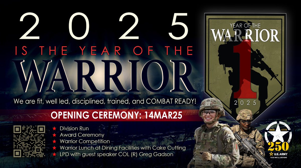 DouglasASimsII's tweet photo. 2025: The Year of the Warrior!

Join us on March 14 for the Year of the Warrior kick-off event! We’re celebrating with a Division Run, competitions, a cake-cutting ceremony, a special dining facility meal, and a Leader Professional Development session. https://t.co/vn6eBTNcYJ