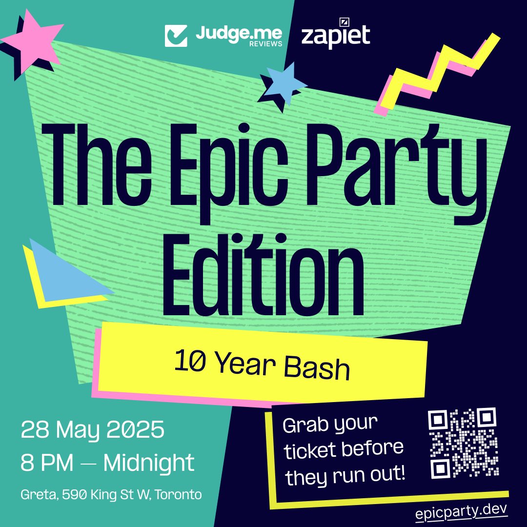 Join <a href="/zapiet/">Zapiet</a> and <a href="/judgeme_reviews/">Judge.me ⭐️</a> for The Epic Party Edition! 🥳

Celebrate <a href="/ShopifyDevs/">Shopify Developers</a> Editions in style with an unforgettable night of fun, retro games, and good vibes!

📅 May 28 | 8 PM
📍 Greta, Toronto 🇨🇦

Limited spots—secure yours now! 🎟️ 👉 epicparty.dev