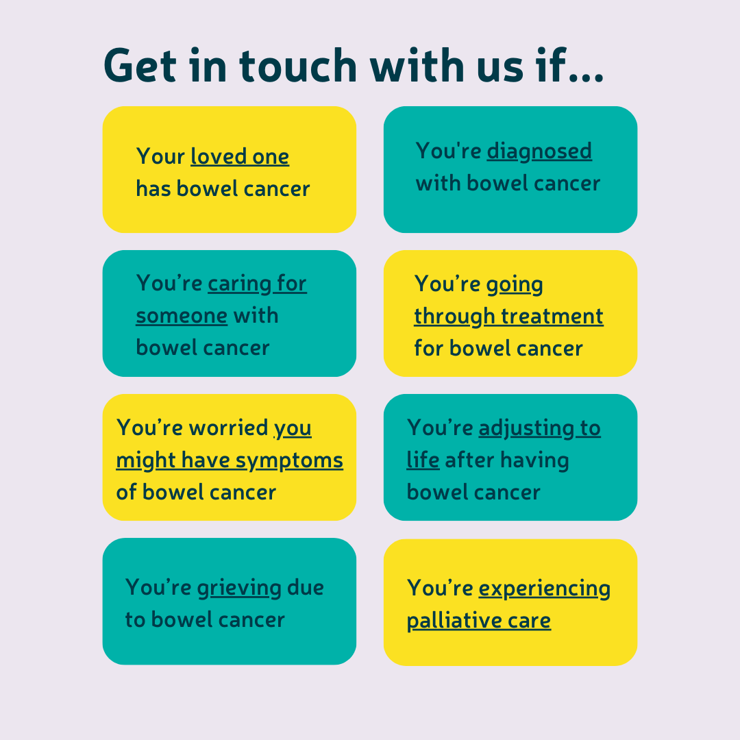 Whether you’re worried you might have symptoms, have been recently diagnosed or living life beyond #BowelCancer don’t hesitate to get in touch. We’re here for you 💛 
 
To explore all the ways we can support your wellbeing, to go bit.ly/3aYAhRR