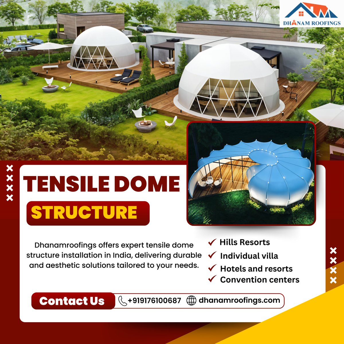 DhanamRoofings's tweet image. Dhanamroofings has expertise in high-quality Tensile Dome Structures, delivering durable, efficient, and visually stunning roofs for resorts, villas, hotels, and event spaces.
Website: dhanamroofings.com
#DomeArchitecture #TensileStructureDesign #InnovativeDomeDesign