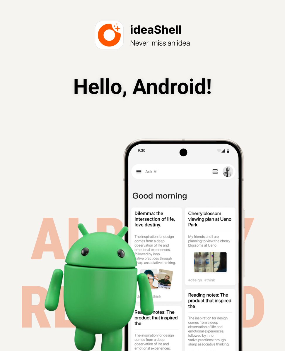 ideaShellAI's tweet image. 🚀 Hello, Android!
After iOS, ideaShell has officially landed on Google Play! 🎉
Your AI-powered idea companion is now available anytime, anywhere—never miss a great thought again!
🔗 Download now 👉play.google.com/store/apps/det…