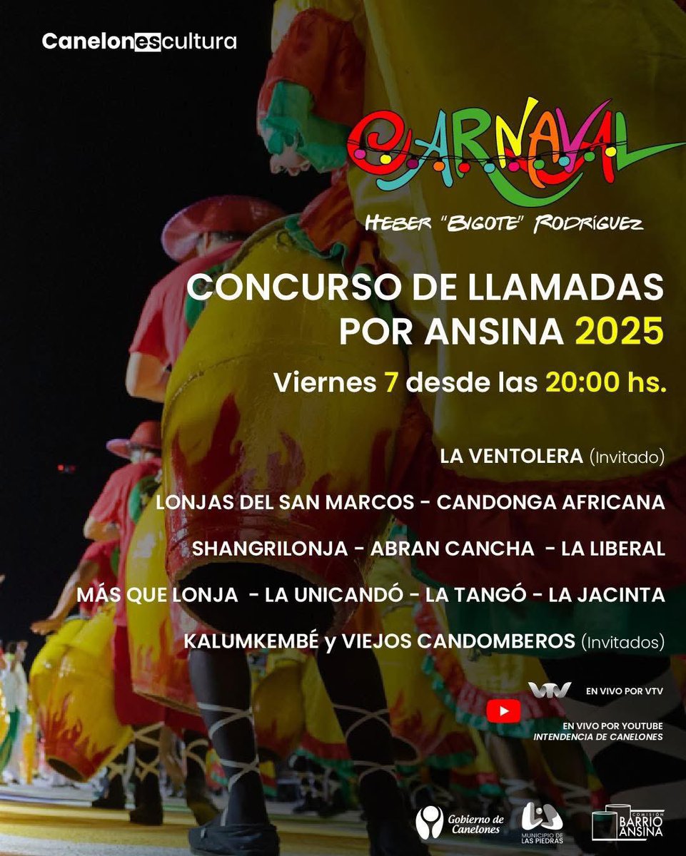 Darwin Peña Sapetto (@darwincanelones) on Twitter photo Otra jornada a puro Carnaval, hoy en Las Piedras las Llamadas por Ansina.
Comparsas de Canelones y Montevideo se unen para brindarnos su espectáculo.
Desde las 20h en Rep. Argentina y L.A. De Herrera
Desde las 21.30h en vivo a través de <a href="/VTVuruguay/">VTV Uruguay</a> y 👉🏻 youtube.com/live/FwOaoUYBf… Otra jornada a puro Carnaval, hoy en Las Piedras las Llamadas por Ansina.
Comparsas de Canelones y Montevideo se unen para brindarnos su espectáculo.
Desde las 20h en Rep. Argentina y L.A. De Herrera
Desde las 21.30h en vivo a través de <a href="/VTVuruguay/">VTV Uruguay</a> y 👉🏻 youtube.com/live/FwOaoUYBf…