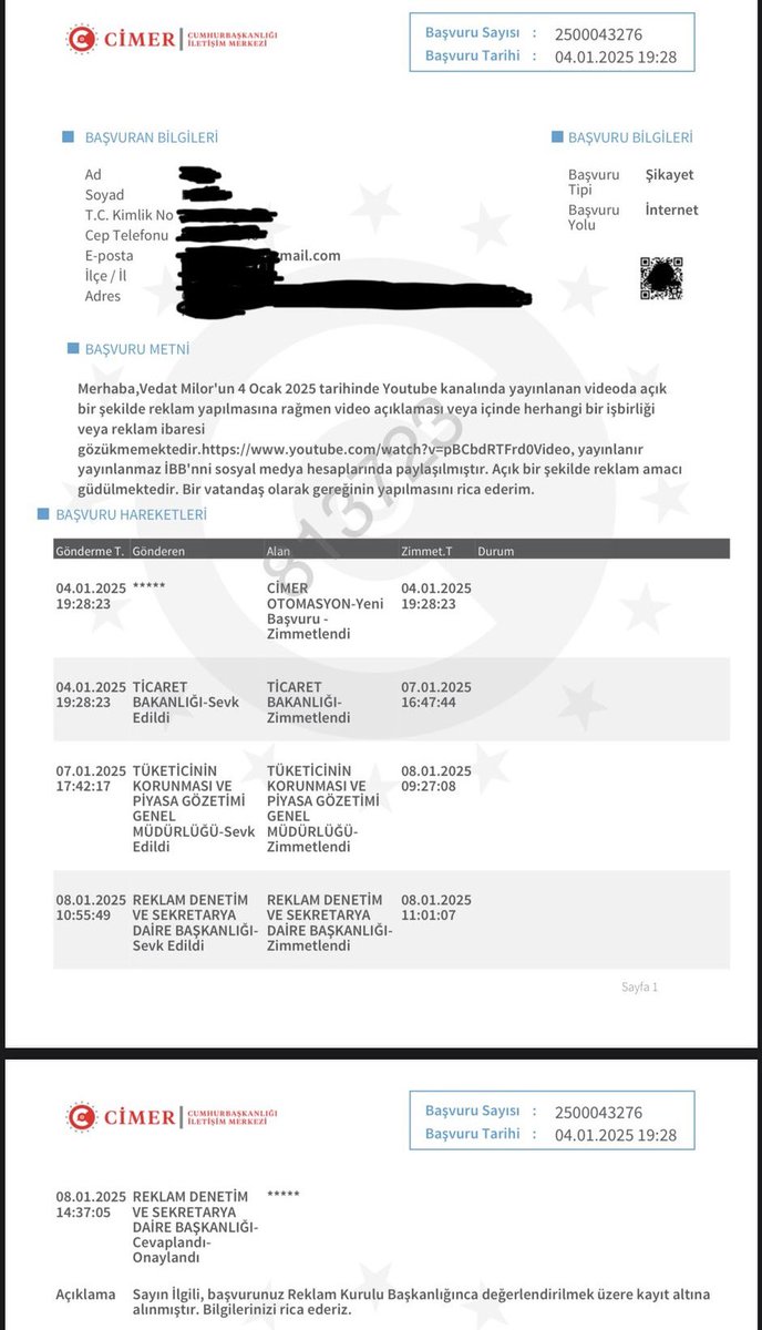 Ekrem bey, Reklam Kurulu Sekreteryası’nın kanun gereği Cimer üzerinden gelen "örtülü reklam" yapıyor şikayeti üzerine Vedat Milör adlı şahıstan bilgi istenmesinden rahatsız olmuş.

Reklam kurulu soruşturma açmaz; gelen şikayet üzerine, şikayet edilen kişiden  inceleme için bilgi