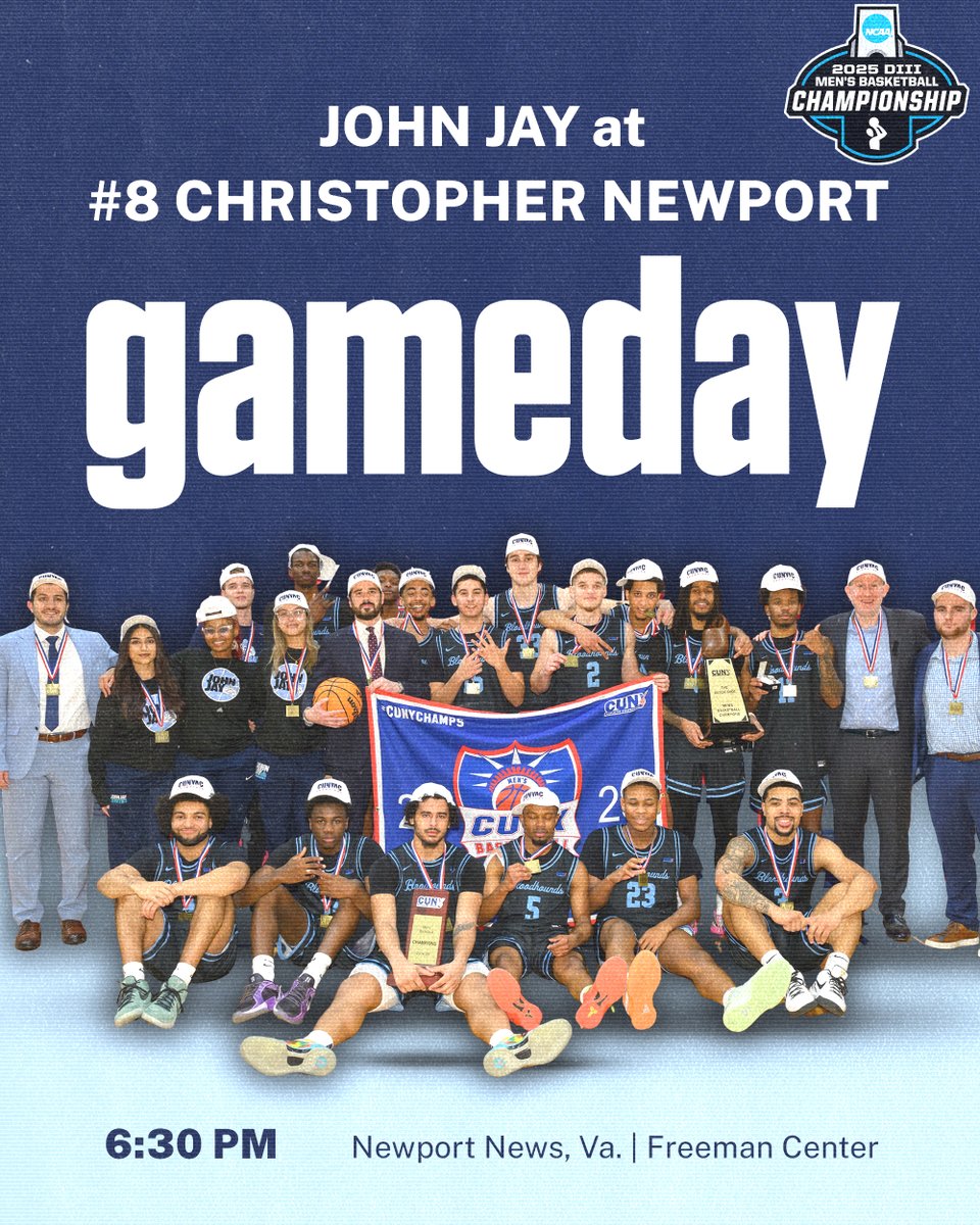 John Jay Athletics (@jjayathletics) on Twitter photo 🏀GAMEDAY🏀| <a href="/NCAADIII/">NCAA Division III</a> First Round
🆚No. 8 Christopher Newport
🕡6:30 PM
📍Newport News, VA
🏟️Freeman Center
📺tinyurl.com/27trjem6
📊tinyurl.com/ykmoo6c5
#⃣ #GoBloodhounds | #cunyac | #d3hoops | #BloodhoundNation 🏀GAMEDAY🏀| <a href="/NCAADIII/">NCAA Division III</a> First Round
🆚No. 8 Christopher Newport
🕡6:30 PM
📍Newport News, VA
🏟️Freeman Center
📺tinyurl.com/27trjem6
📊tinyurl.com/ykmoo6c5
#⃣ #GoBloodhounds | #cunyac | #d3hoops | #BloodhoundNation