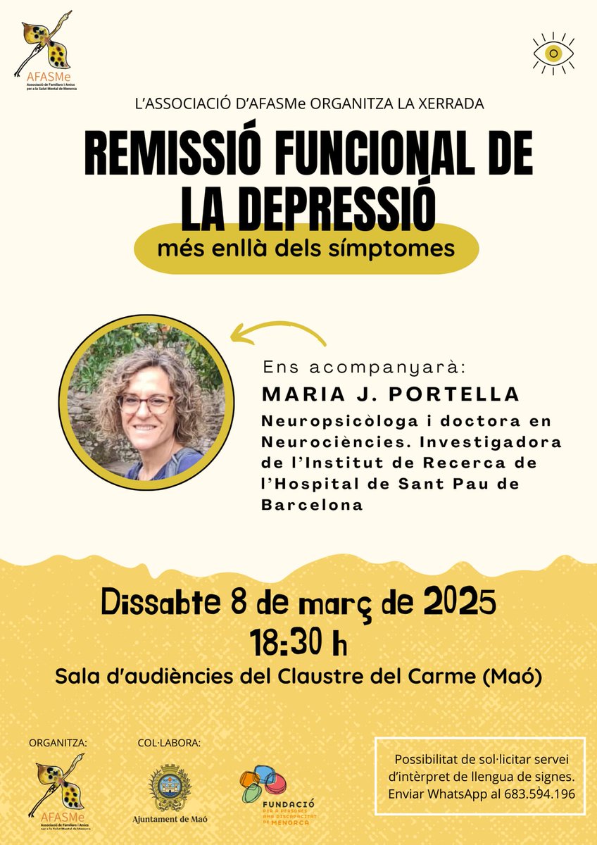 CIBERSAM G21 Sant Pau-Mar (@cibersam_g21) on Twitter photo No et perdis demà 8 de març la xerrada de la Dra. Maria J. Portella "Remissió Funcional de la #Depressió. Més enllà dels símptomes" organitzada per l'Associació d'AFASMe a Maó!!
<a href="/lord74bcn/">Maria Portella et al</a> <a href="/IRSantPau/">Institut de Recerca Sant Pau</a>
<a href="/HospitalSantPau/">Sant Pau - Campus Salut Barcelona</a> <a href="/CIBER_SAM/">CIBERSAM</a> <a href="/FundacioMenorca/">FUNDACIÓ PER PERSONES AMB DISCAPACITAT DE MENORCA</a> <a href="/AjuntamentMao/">Ajuntament de Maó</a> No et perdis demà 8 de març la xerrada de la Dra. Maria J. Portella "Remissió Funcional de la #Depressió. Més enllà dels símptomes" organitzada per l'Associació d'AFASMe a Maó!!
<a href="/lord74bcn/">Maria Portella et al</a> <a href="/IRSantPau/">Institut de Recerca Sant Pau</a>
<a href="/HospitalSantPau/">Sant Pau - Campus Salut Barcelona</a> <a href="/CIBER_SAM/">CIBERSAM</a> <a href="/FundacioMenorca/">FUNDACIÓ PER PERSONES AMB DISCAPACITAT DE MENORCA</a> <a href="/AjuntamentMao/">Ajuntament de Maó</a>
