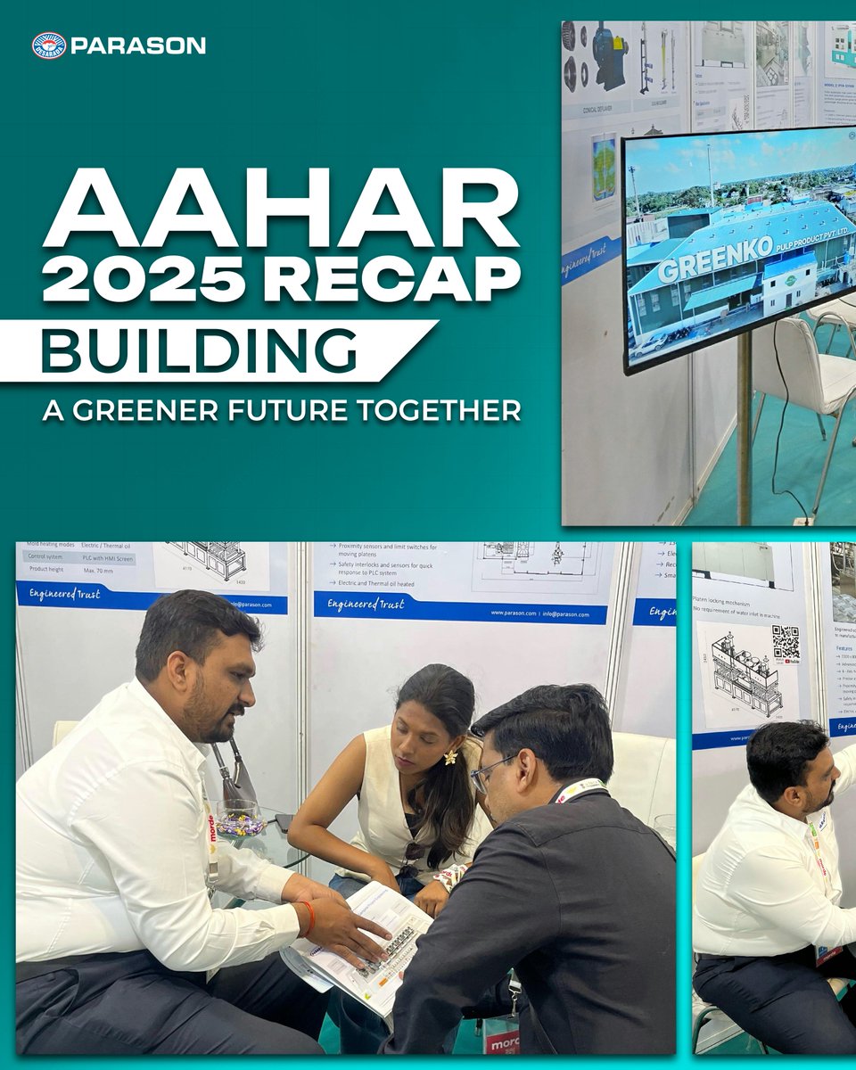 parasongroup's tweet photo. Aahar 2025 was a great success!
Parason proudly showcased our molded fiber machine technology, enabling manufacturers to create eco-friendly, plastic-free tableware and reduce waste.

#ParasonMoldedFiber #Aahar #Sustainability #Tablewareindustry #Innovation https://t.co/v5OJs7iu7G
