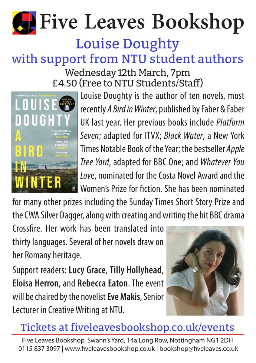 Join <a href="/FiveLeavesBooks/">Five Leaves Bookshop</a>, <a href="/HubNottingham/">Nottingham Creative Writing Hub at NTU</a>, and bestselling author Louise Doughty next Wednesday for an evening discussing her latest novel, A Bird in Winter! 📚✨ Supported by students from NTU’s Creative Writing courses📝

Click the link to book your place👇
fiveleavesbookshop.co.uk/events/louise-…