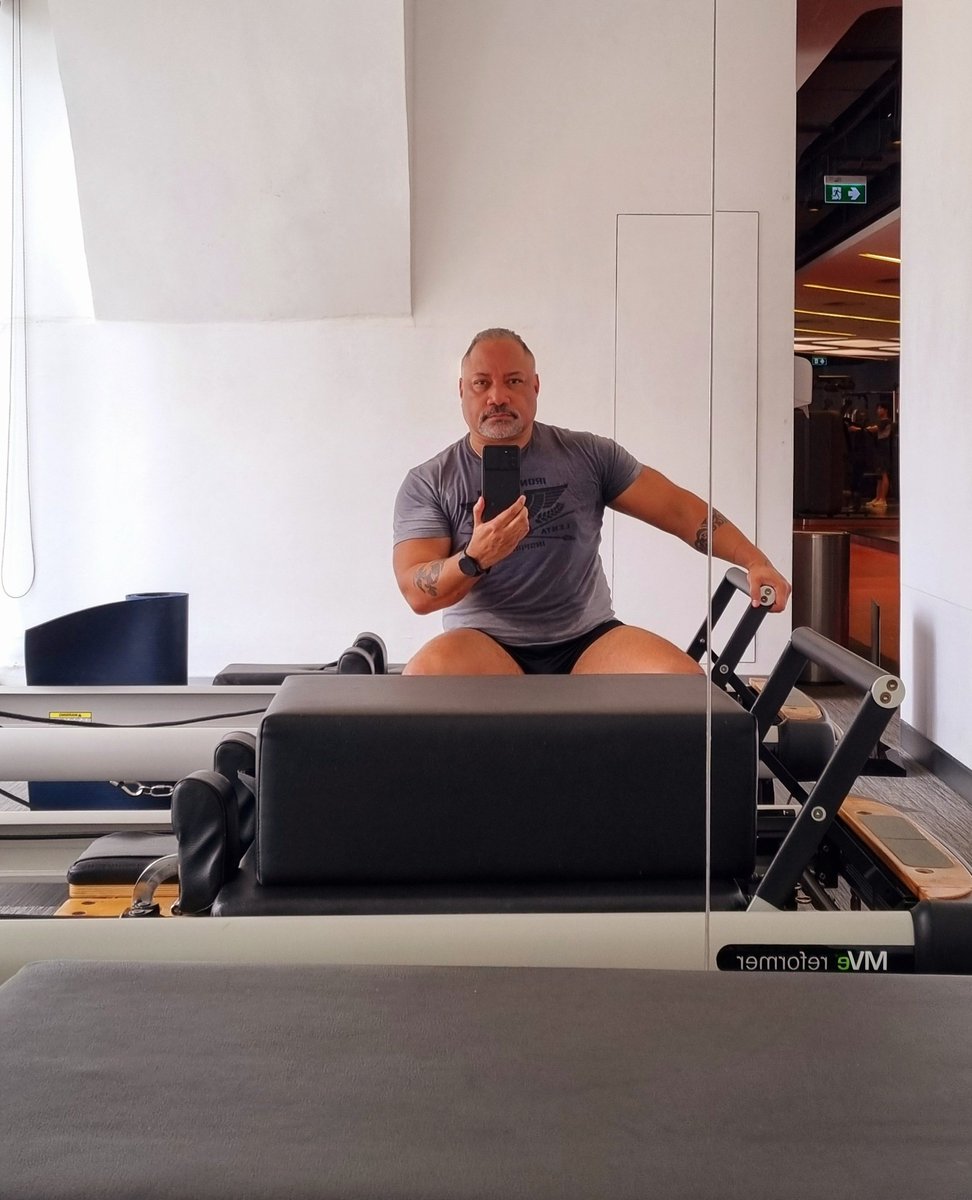 DanSparx's tweet photo. Ahoy gang, I took it light today: 45 minute pilates reformer class, followed by 60 minutes elliptical and closed out with a 15 minute steam room. Have a great day! #TGIF #OldGuyProblems #58 https://t.co/mzgQoyzYam