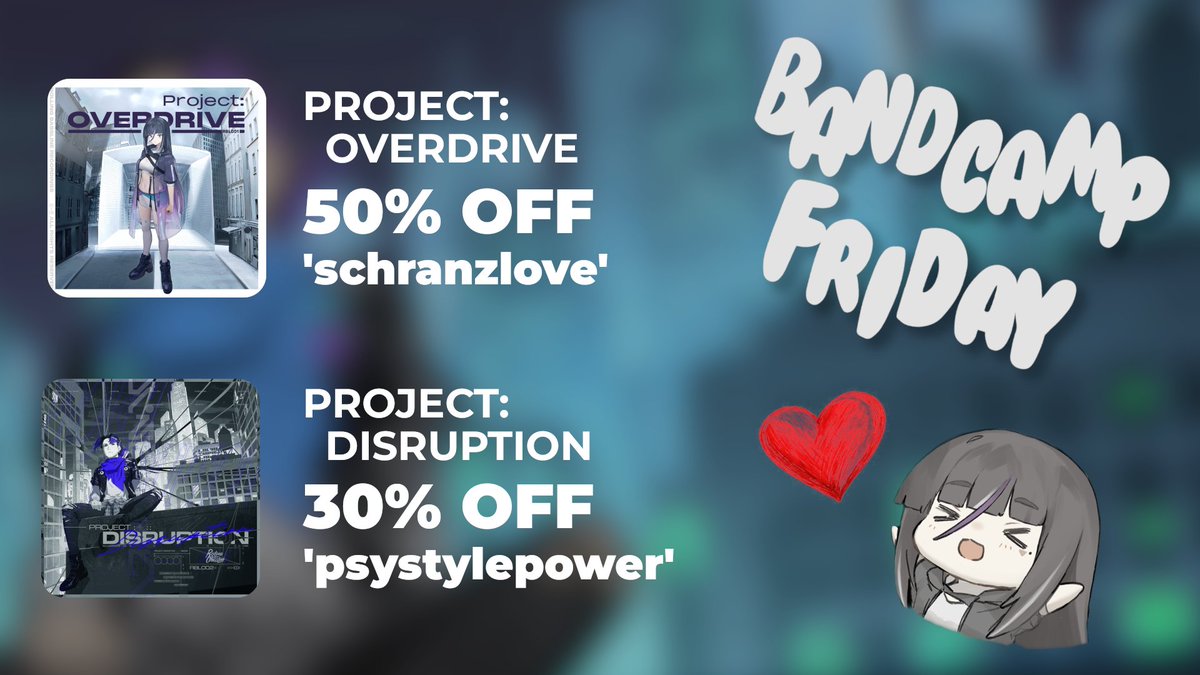 IT'S BANDCAMP FRIDAY 🎉 TIME FOR SOME DISCOUNTS 🏷️🛒

➤ 'Project: DISRUPTION' or individual tracks - 30% OFF with code 'psystylepower'
➤ 'Project: OVERDRIVE' - 50% OFF with code 'schranzlove'
