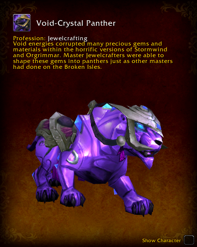 MrGMYT's tweet photo. The Void-Crystal Panther is a new Mount created by Jewelcrafting in Patch 11.1.5