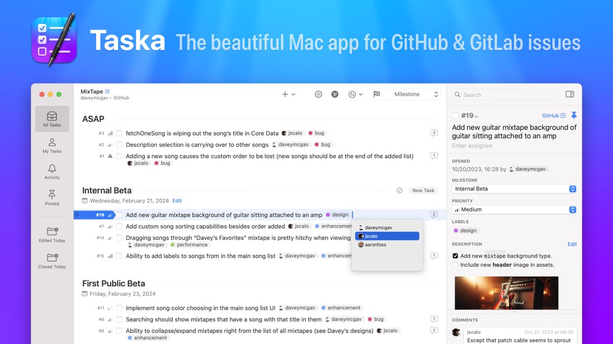 Welcome Taska to the Leitmotif Family! It’s our beautiful new native app for tracking issues on GitHub and GitLab. Let us know what you think!