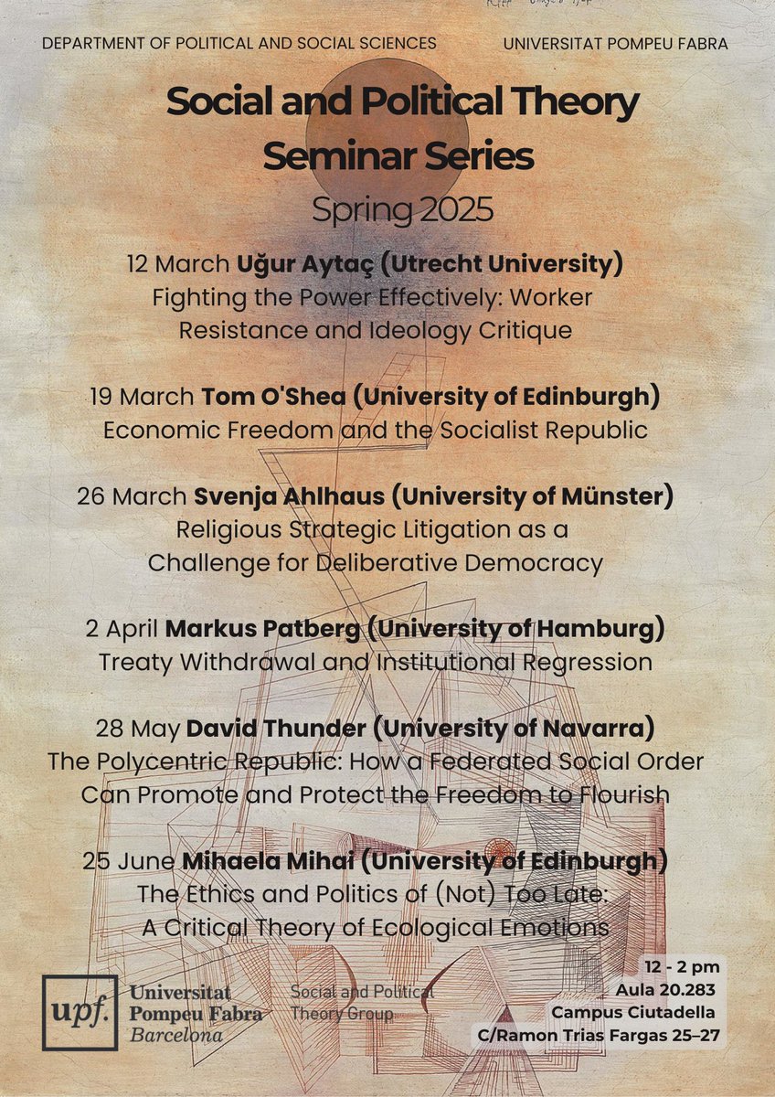 Social and Political Theory Group (@sptg_upf) on Twitter photo Do not miss our spring seminar series! Next week first seminar session with <a href="/Ugur_Aytac/">Uğur Aytaç</a> from Utrecht University! <a href="/PolitiquesUPF/">UPF Ciències Polítiques i Socials</a> <a href="/BCNNetworkCT/">BCN Network for Critical Thought & Social Research</a> Do not miss our spring seminar series! Next week first seminar session with <a href="/Ugur_Aytac/">Uğur Aytaç</a> from Utrecht University! <a href="/PolitiquesUPF/">UPF Ciències Polítiques i Socials</a> <a href="/BCNNetworkCT/">BCN Network for Critical Thought & Social Research</a>