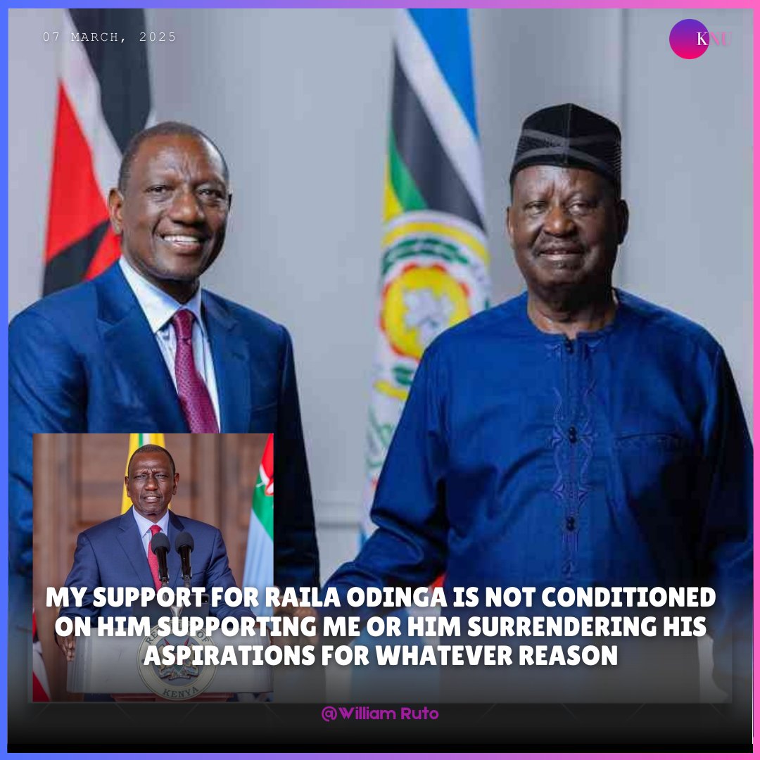 "My support for Raila Odinga is not conditioned on him supporting me or surrendering his aspirations for whatever reason."
~ William Ruto 

KICC Kenya