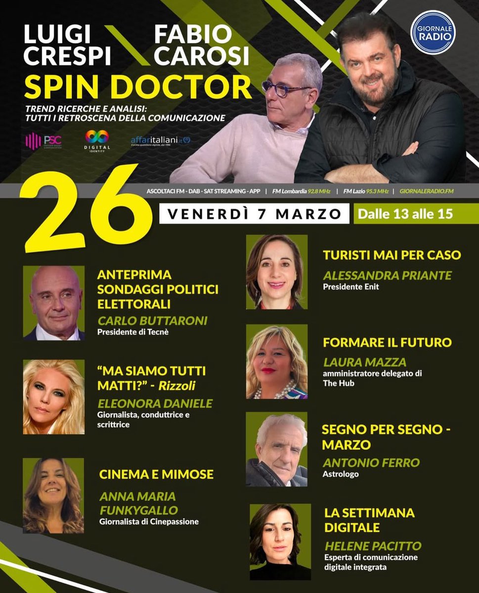 Alessandra Priante (@alexpriante) on Twitter photo Ci sentiamo tra poco su <a href="/giornaleradio/">giornaleradio.info</a> con <a href="/luigicrespi/">Luigi Crespi</a> !!
Parliamo di #turismo!!
<a href="/ENIT_italia/">ENIT S.p.A. 🇮🇹</a> Ci sentiamo tra poco su <a href="/giornaleradio/">giornaleradio.info</a> con <a href="/luigicrespi/">Luigi Crespi</a> !!
Parliamo di #turismo!!
<a href="/ENIT_italia/">ENIT S.p.A. 🇮🇹</a>