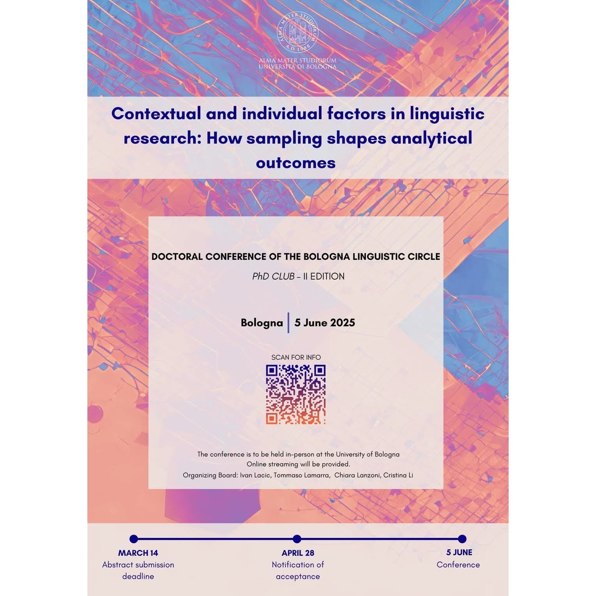 Tommaso Lamarra (@lamarratommaso) on Twitter photo Deadline (March 14th) is approaching! ⏳ 🕙
Submit your abstract 📜 and join the Second edition of the PhD CLUB Doctoral conference 🗣️ about individual and contextual differences in linguistic research!
The conference will be held in english at <a href="/Unibo/">Università di Bologna</a> on June 5th! Deadline (March 14th) is approaching! ⏳ 🕙
Submit your abstract 📜 and join the Second edition of the PhD CLUB Doctoral conference 🗣️ about individual and contextual differences in linguistic research!
The conference will be held in english at <a href="/Unibo/">Università di Bologna</a> on June 5th!