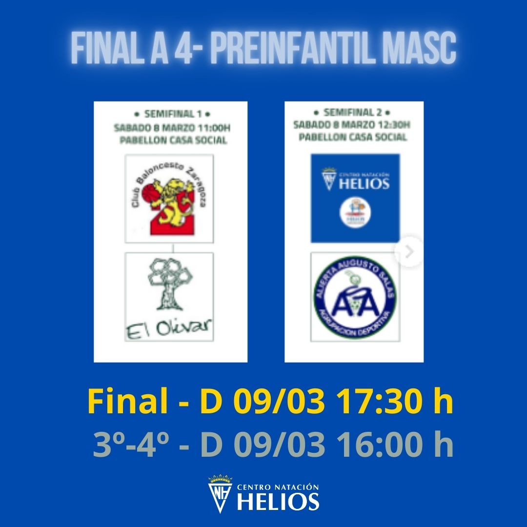 FINAL A 4 - PRE INFANTIL MASC
Empieza nuestra participación en la fases finales, con la Final a 4 de la categoría Preinfantil MASC.
Este sábado disputamos la segunda de las semifinales en el pabellón Casa Social de El Olivar contra ALIERTA.

A POR TODAS, CHICOS !!!

💙🏀💙🏀💙🏀
