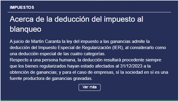 En el mail enviado por <a href="/errepar/">Errepar</a> a los suscriptores de novedades el día de hoy, está mi artículo sobre la deducibilidad del impuesto especial de regularización de la Ley 27.743.

Espero les resulte de interés y utilidad!