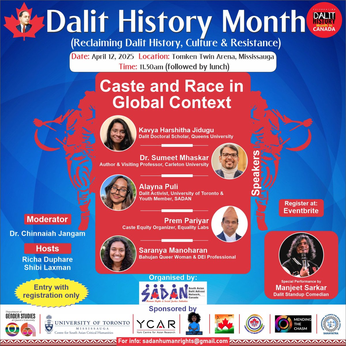 Mark your calendar to join us &amp; celebrate Dalit History Month
Date: April 12, 2025 
Time: 11.30 am est
Place: Tomken Twin Arena, Mississauga 
Limited seats: Register ASAP
eventbrite.ca/e/dalit-histor…
#JaiBhim 
#DalitHistoryMonth2025 
#DalitCulture 
#DalitResistance