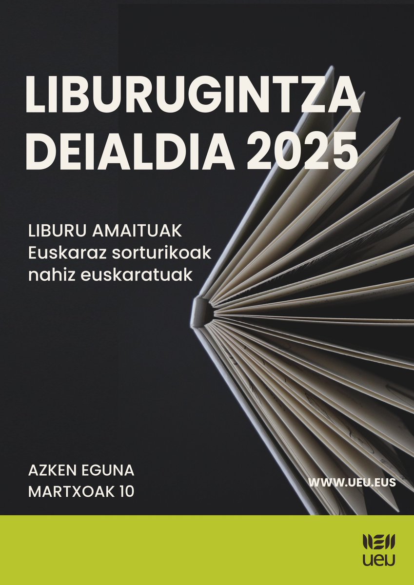 ARGITALETXEA📚|

Liburugintza deialdia 

Deialdi honetara euskarazko unibertsitate-liburuak aurkez daitezke,  liburu amaituak, euskaraz sorturikoak nahiz euskaratuak (euskaraz  sorturikoek izango dute lehentasuna).

Azken eguna -&gt; martxoak 10
ueu.eus/argitaletxea/z…