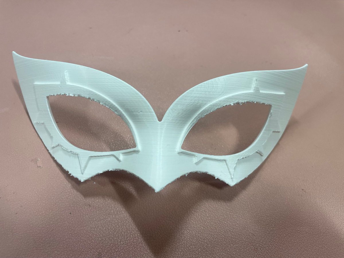 On this #failfriday I am weighing up the fashion over function argument. 
This really cool request from a member of our staff for a Joker mask from Persona 5 has sharp edges  
A little sandpaper should do the trick but I wonder if a more flexible filament might have been better.