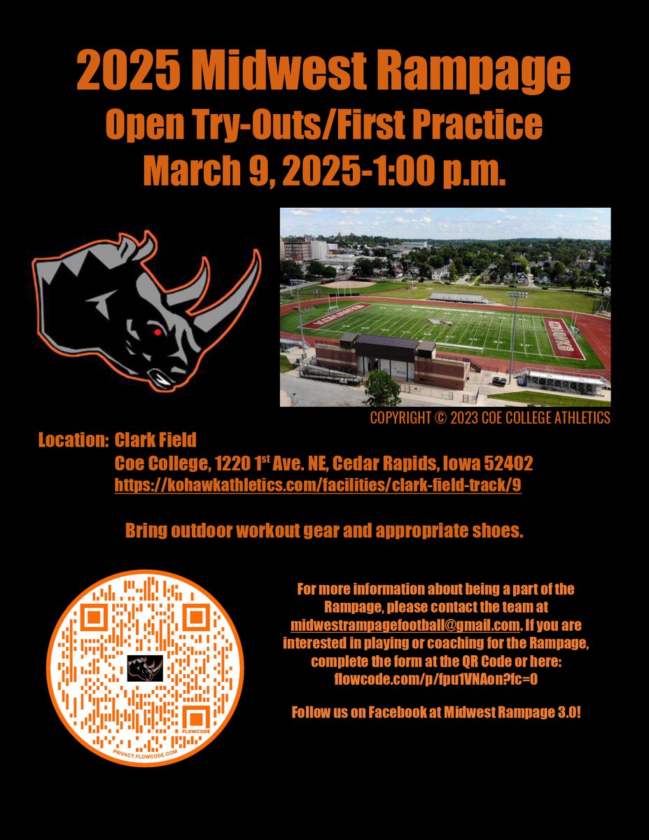 MidwestRampageFB (@mwrampagefb) on Twitter photo It is that time of year to dust of the cleats and get back on the field. Whether you've played football recently or haven't played for a long time, come check it out! Fill out the interested player form at the QR Code, or contact the team at midwestrampagefootball@gmail.com. It is that time of year to dust of the cleats and get back on the field. Whether you've played football recently or haven't played for a long time, come check it out! Fill out the interested player form at the QR Code, or contact the team at midwestrampagefootball@gmail.com.