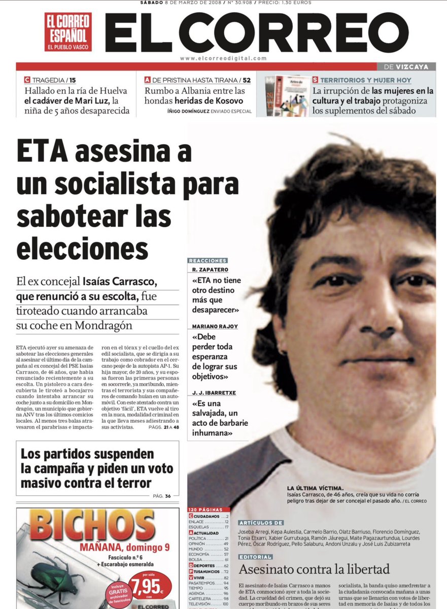 Se cumplen 17 años del día en que ETA asesinó a Isaías Carrasco. Inolvidables aquellos días en Mondragón, un pueblo de silencio y ventanas cerradas, donde su hija Sandra dejó un inmenso ejemplo de altura humana, ética y democrática. 
#IsaiasCarrasco
#Contraelolvido