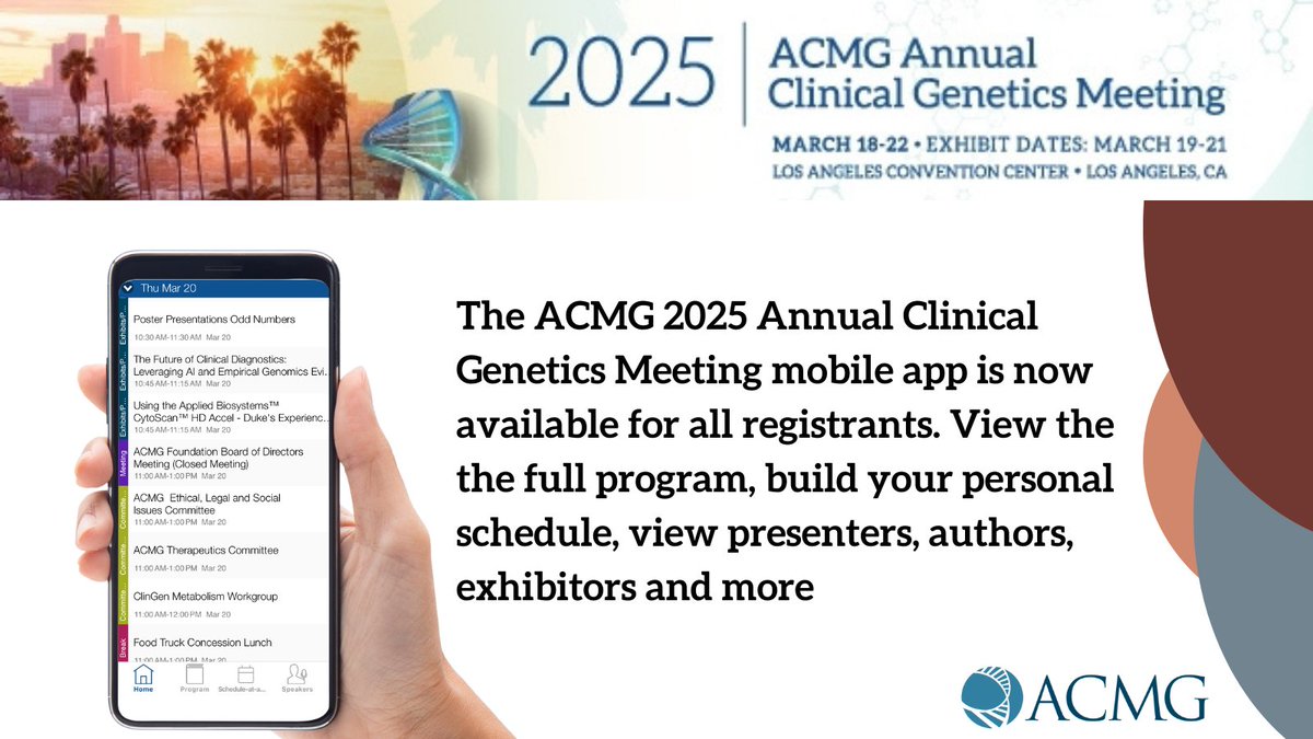 ACMG (@theacmg) on Twitter photo Mobile app alert! The ACMG 2025 Annual Clinical Genetics Meeting mobile app is now available for all registrants. Check your email for the invitation from noreply@cmrus.com to download & start preparing for the meeting. We can’t wait to see you in LA! #ACMGMtg25 #medicaleducation Mobile app alert! The ACMG 2025 Annual Clinical Genetics Meeting mobile app is now available for all registrants. Check your email for the invitation from noreply@cmrus.com to download & start preparing for the meeting. We can’t wait to see you in LA! #ACMGMtg25 #medicaleducation