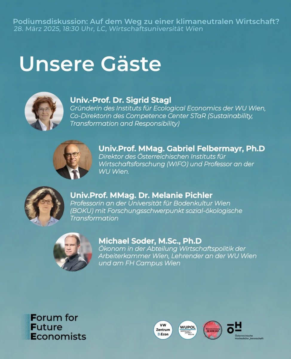 Wir dürfen euch stolz und gespannt zu dieser tollen Veranstaltung einladen. Gemeinsam wollen wir über über Klimaökonomik und Klimapolitik der letzten Jahre reflektieren und pragmatisch in die Zukunft schauen. Wie können Konsequenzen der Klimakrise noch eingedämmt werden?