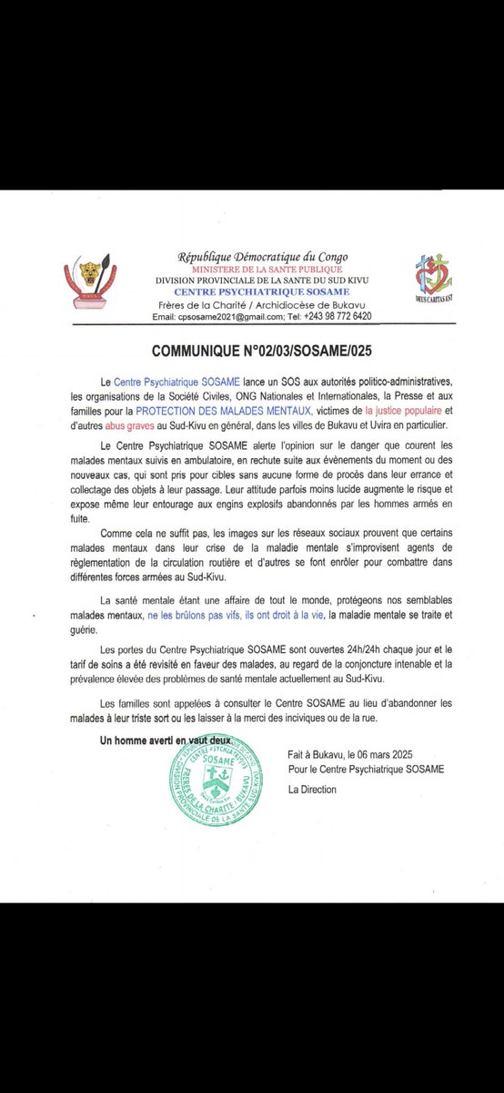 PaulinAganze1's tweet image. #Sudkivu : le centre #SOSAM appelle à la protection des malades mentaux victimes de justice populaire à #Bukavu et #Uvira ( communiqué)