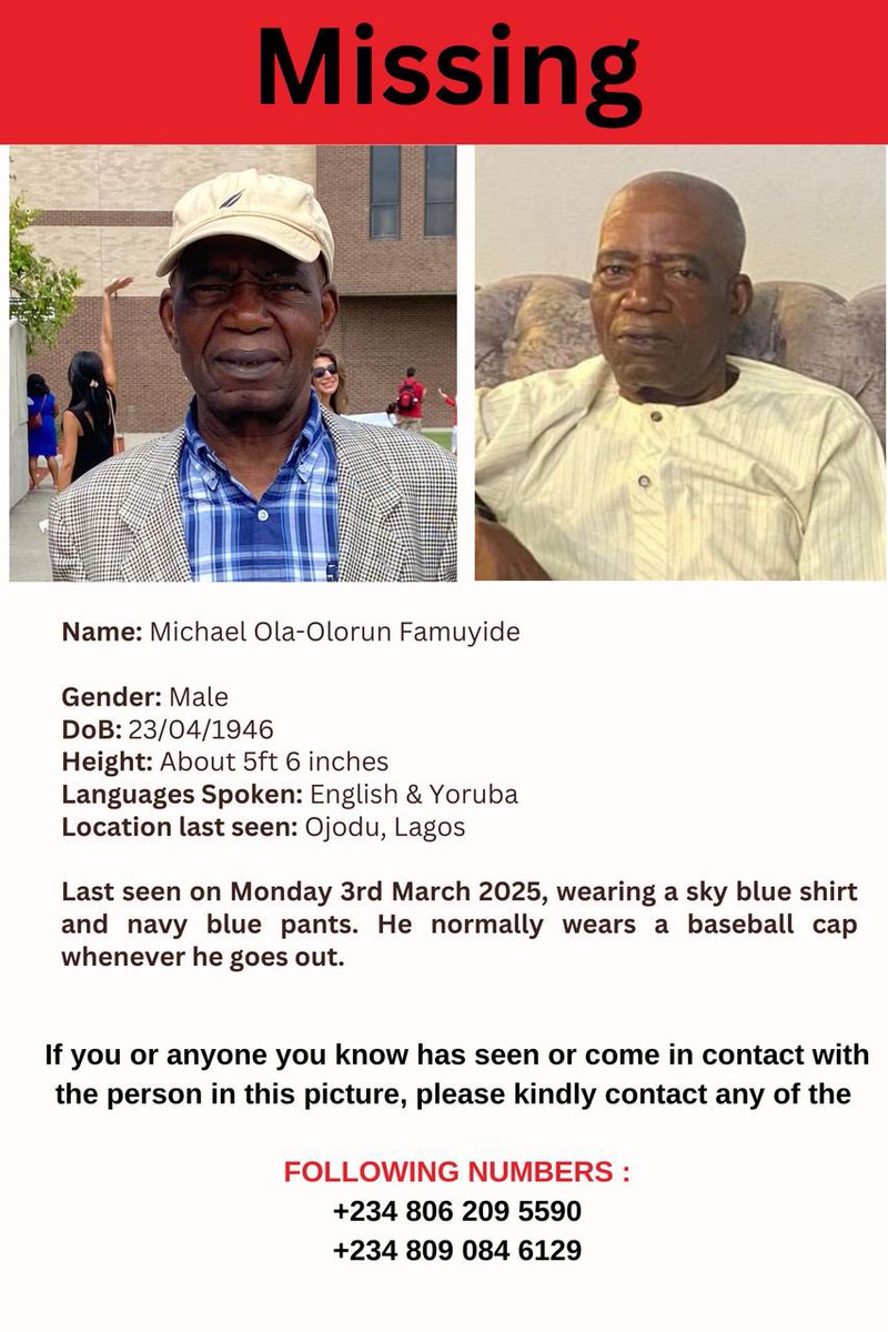 #OurFavOnlineDoc 🩺 🇬🇧 (@ourfavonlinedoc) on Twitter photo This gentleman has been declared missing and it’s unknown where he is for the last four days now. His family are really worried. Cc <a href="/PoliceNG/">Nigeria Police Force</a>
Please if you see this post,
Kindly help retweet to find this man.
Please lend your voice. This gentleman has been declared missing and it’s unknown where he is for the last four days now. His family are really worried. Cc <a href="/PoliceNG/">Nigeria Police Force</a>
Please if you see this post,
Kindly help retweet to find this man.
Please lend your voice.
