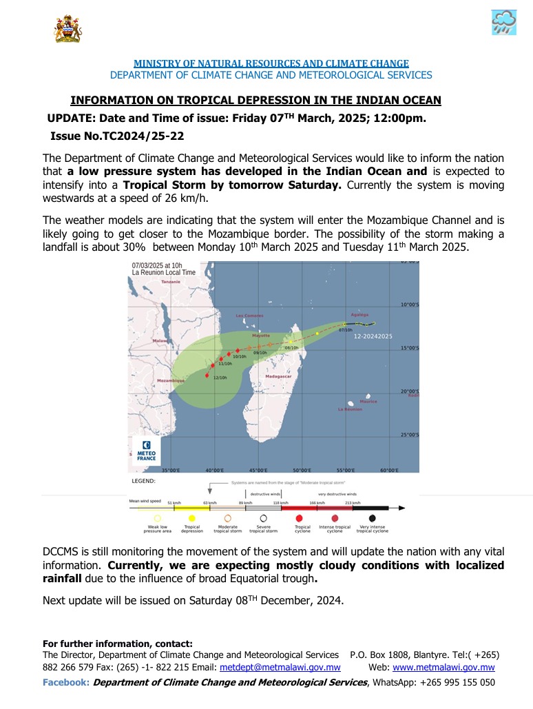 DEVELOPMENT OF A TROPICAL DEPRESSION IN THE INDIAN OCEAN AS ISSUED BY @DccmsM