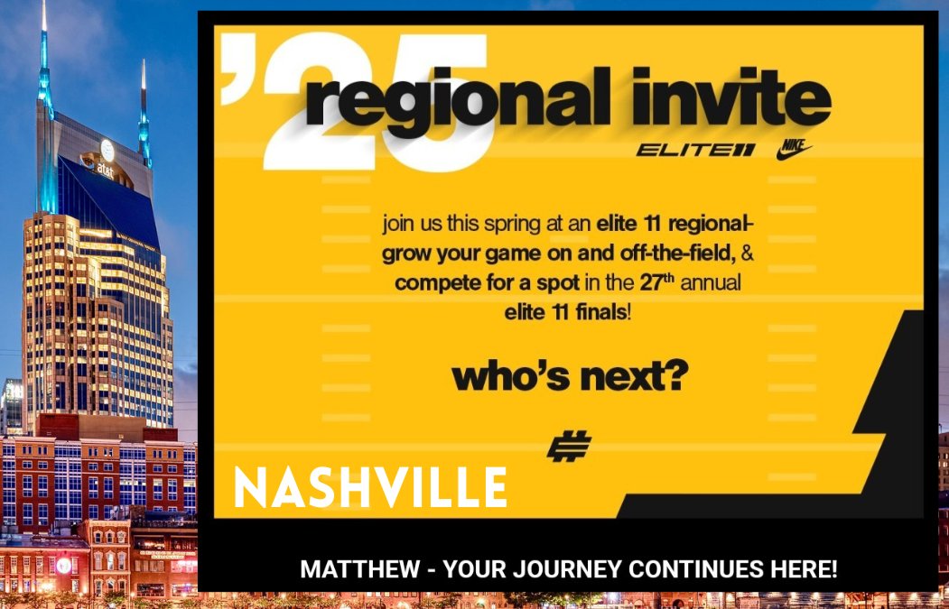 Matthew_Horner2027 (@matt_horner2027) on Twitter photo I'm honored to receive my Invite to the <a href="/Elite11/">Elite11</a> Regionals! Gonna showcase my skills in Nashville. Let's Go! <a href="/Stumpf_Brian/">Brian Stumpf</a> <a href="/Coach_Mlombardi/">Matt Lombardi</a> <a href="/CoachLujan/">Zach Lujan</a> <a href="/Coach_JDiBiaso/">Jonathan DiBiaso</a> <a href="/GinoGuidugli/">Coach Gino Guidugli</a> <a href="/ChipLindsey11/">Chip Lindsey</a> <a href="/CoachAltman/">Garrett Altman</a> <a href="/rhett_rod/">Rhett Rodriguez</a> <a href="/DerrickDnix/">Coach Derrick Nix</a> I'm honored to receive my Invite to the <a href="/Elite11/">Elite11</a> Regionals! Gonna showcase my skills in Nashville. Let's Go! <a href="/Stumpf_Brian/">Brian Stumpf</a> <a href="/Coach_Mlombardi/">Matt Lombardi</a> <a href="/CoachLujan/">Zach Lujan</a> <a href="/Coach_JDiBiaso/">Jonathan DiBiaso</a> <a href="/GinoGuidugli/">Coach Gino Guidugli</a> <a href="/ChipLindsey11/">Chip Lindsey</a> <a href="/CoachAltman/">Garrett Altman</a> <a href="/rhett_rod/">Rhett Rodriguez</a> <a href="/DerrickDnix/">Coach Derrick Nix</a>