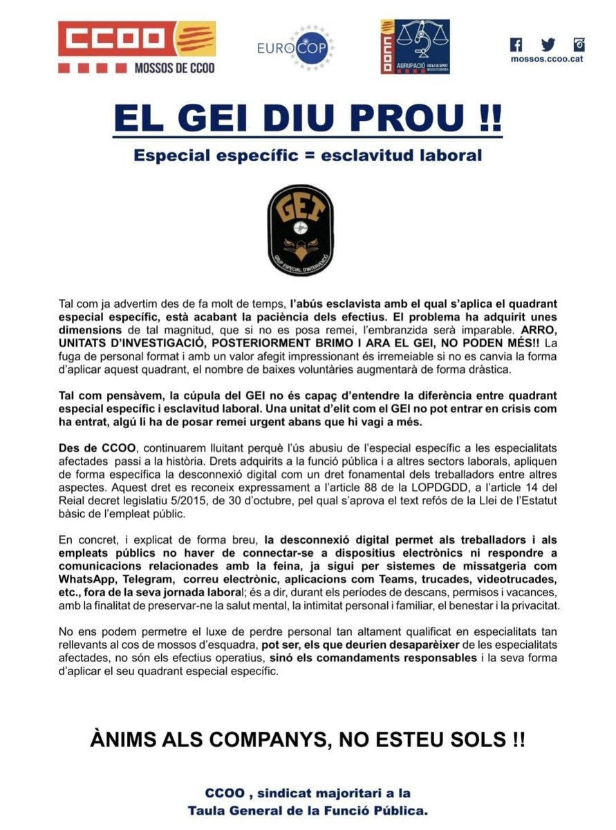 Aquesta situació està prenent una deriva molt preocupant ARRO, Investigació, BRIMO i ara el GEI.

S'ho han de fer mirar <a href="/interiorcat/">Interior i Seguretat Pública</a>.
<a href="/ccoocatalunya/">CCOO de Catalunya</a>
<a href="/CCOO/">COMISIONES OBRERAS</a> <a href="/Euro_COP/">EuroCOP 🇺🇦</a> <a href="/FscSeaa/">SEAA FSC CCOO #ElPoderDeCambiarLasCosas</a> <a href="/PFCCOO/">PolicíaForal-CCOO. #SomosPolicíasForalesDeCCOO</a>