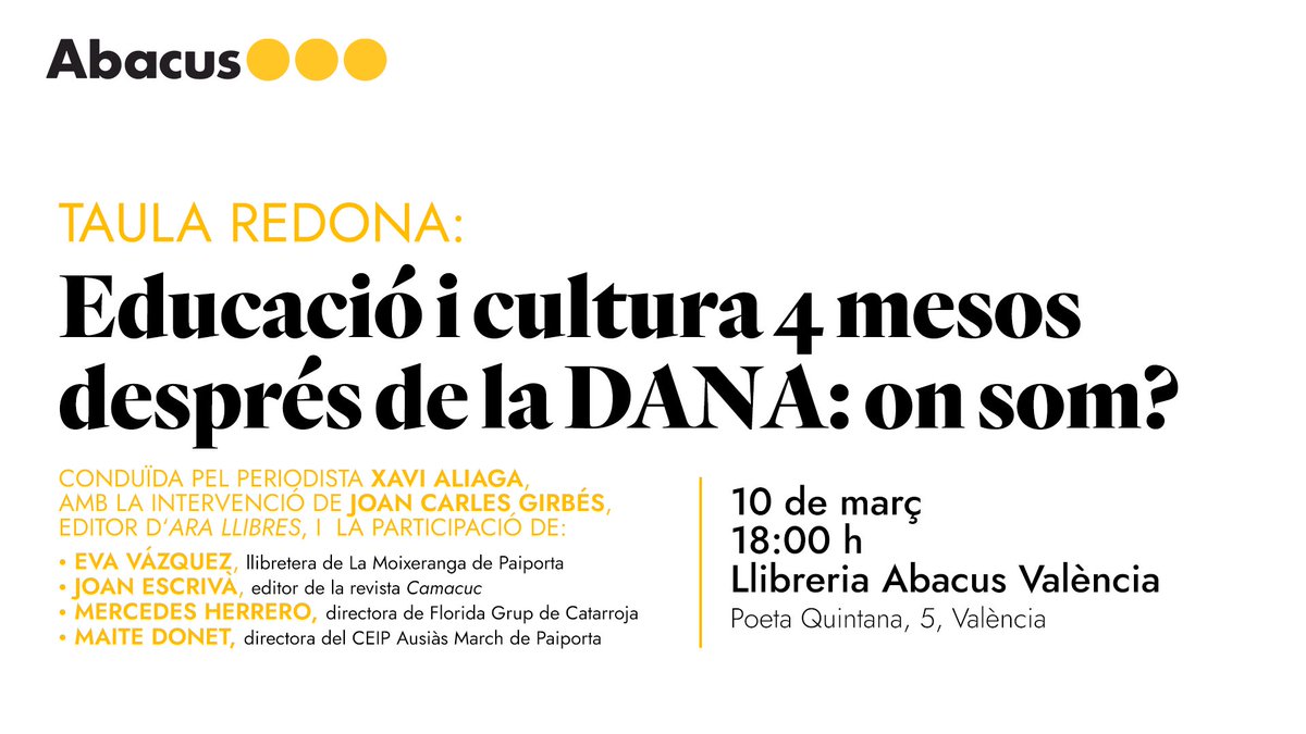 Dilluns 10 a 18h parlarem de Cultura i Educació després de la DANA a l’<a href="/abacus_botigues/">Abacus Botigues</a> de VLC en el marc de la campanya ‘València al cor’. I anunciarem l’aportació solidària recaptada gràcies a l’extraordinària acollida del llibre col·lectiu ‘Renàixer del fang’, a <a href="/arallibres/">Ara Llibres</a>!