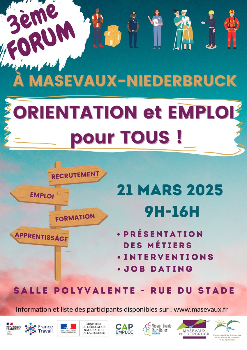 [Emploi]
🔎 Nos chargées de recrutement #Amaelles, vous donnent rendez-vous à l'événement "Orientation et #emploi pour tous " ! 
📍 à Masevaux-Niederbruck
📅 le 21 mars 2025
🕰️ de 9h à 16h