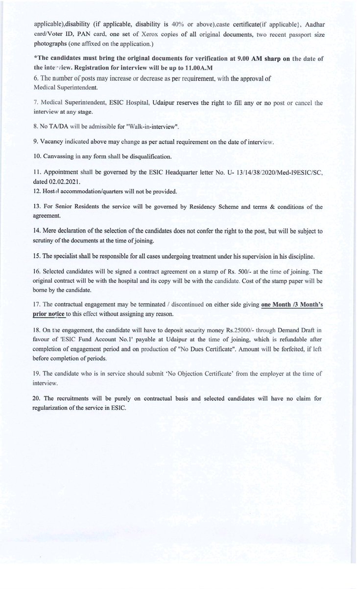 Vacancy for Senior Resident and Full Time Specialist at ESIC HOSPITAL, UDAIPUR. For more details visit esic.gov.in. Interview Date-25/03/2025