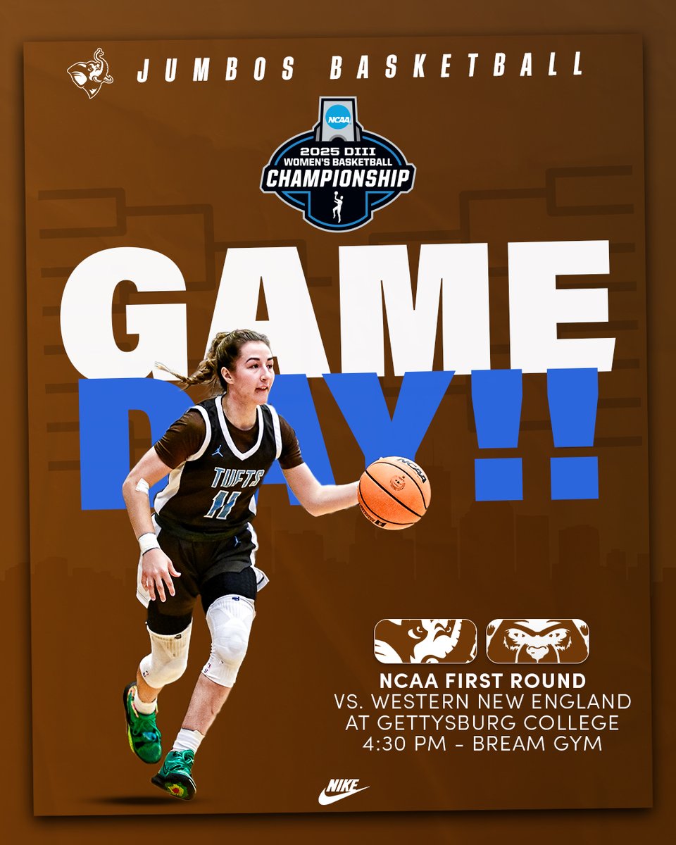 WBB | NCAA'S ARE ON!!

<a href="/TuftsWbball/">Tufts Women's Basketball</a> is in action today in the NCAA First Round, taking on WNE at Gettysburg at 4:30 PM! Live coverage at gotuftsjumbos.com if you can't make it!

Let's go 'Bos!!

#JumboPride // #GoJumbos // #d3hoops