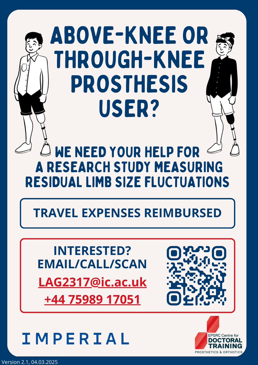 Loïs Galletly (@loisgalletly) on Twitter photo ‼️STILL RECRUITING RESEARCH STUDY PARTICIPANTS‼️
For more info scan the QR code, or get in contact at lag2317@ic.ac.uk
Please share with your network!
<a href="/CDTPandO/">CDT in Prosthetics & Orthotics</a> <a href="/MskMechanics/">Musculoskeletal Mechanics Group</a> <a href="/ImperialBioeng/">Bioengineering</a> ‼️STILL RECRUITING RESEARCH STUDY PARTICIPANTS‼️
For more info scan the QR code, or get in contact at lag2317@ic.ac.uk
Please share with your network!
<a href="/CDTPandO/">CDT in Prosthetics & Orthotics</a> <a href="/MskMechanics/">Musculoskeletal Mechanics Group</a> <a href="/ImperialBioeng/">Bioengineering</a>