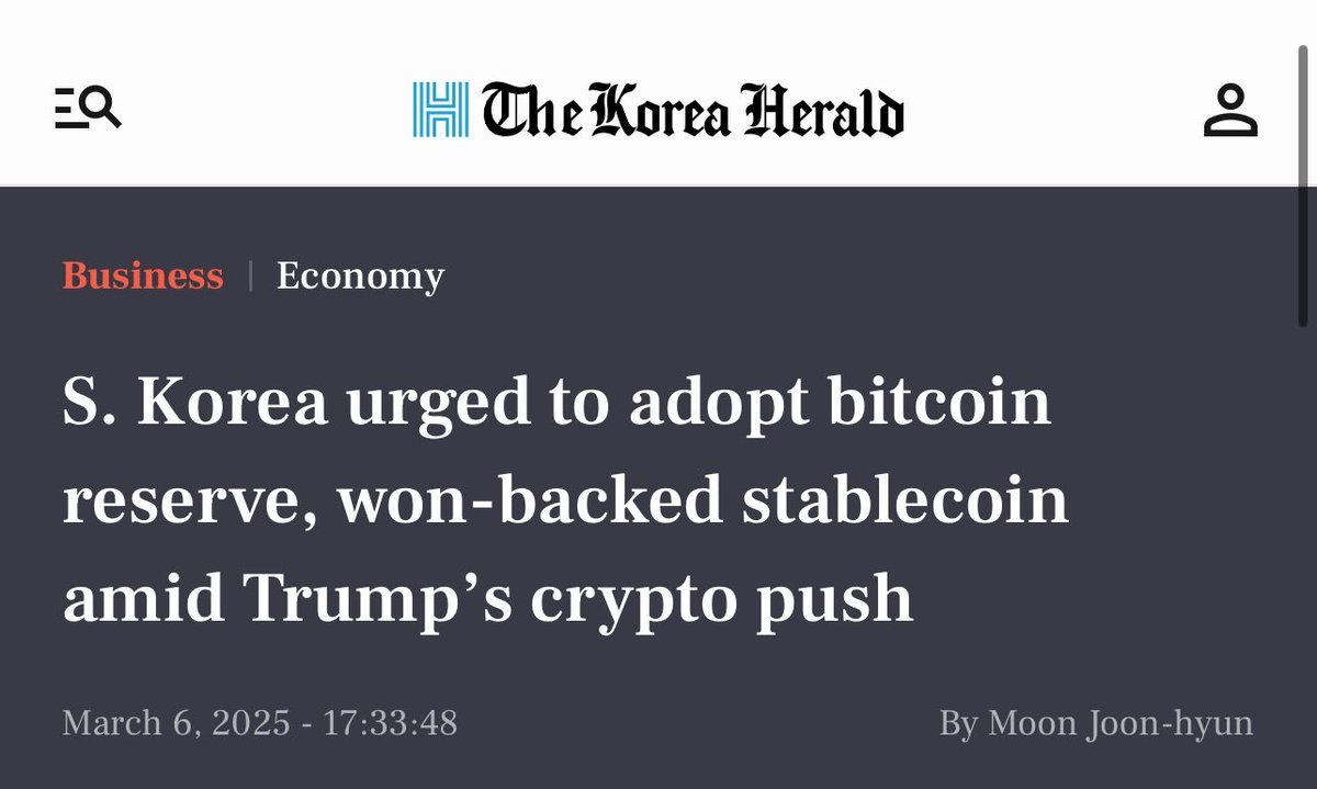 South Korea is considering a Strategic #Bitcoin Reserve following to lead  of the U.S. The domino effect is finally happening! 🚀