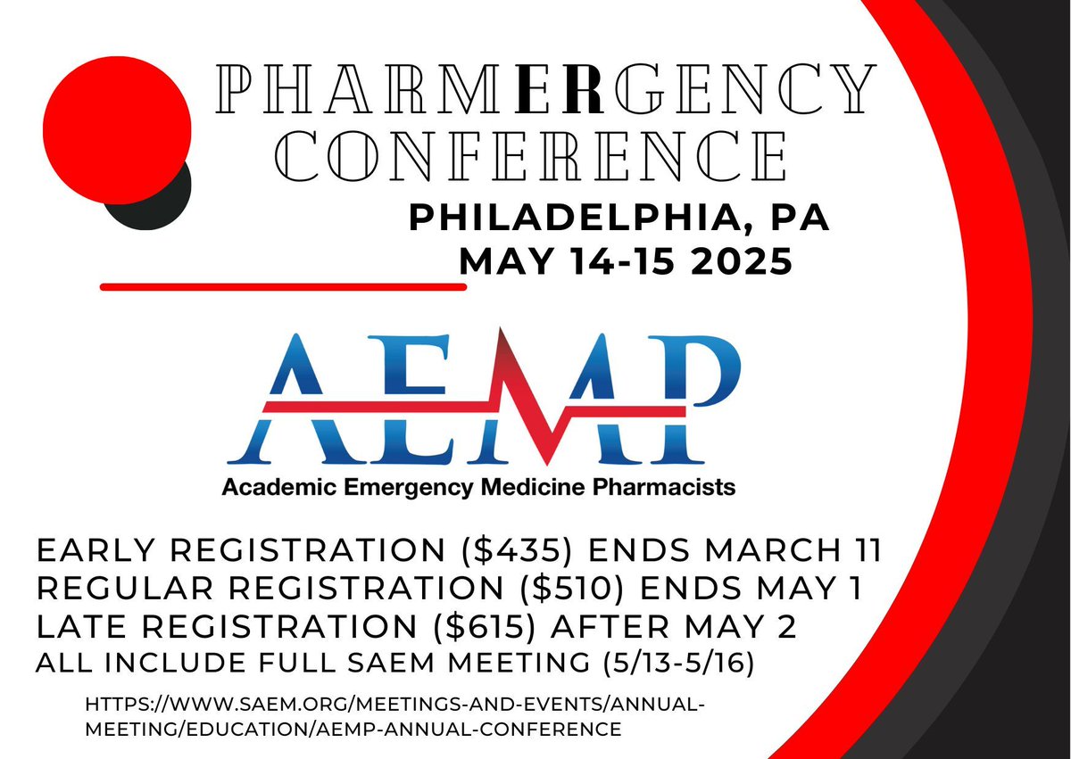 ⁉️ Have you registered yet for the 2025 PharmERgency Conference happening 5/14-15 during the SAEM Annual Meeting? 
🕑 Early registration ends this upcoming Tuesday March 11! 
💊 Register here: buff.ly/dBMxzmq 
<a href="/SAEMonline/">SAEM</a> #AEMP #AEMPlify #EMRx